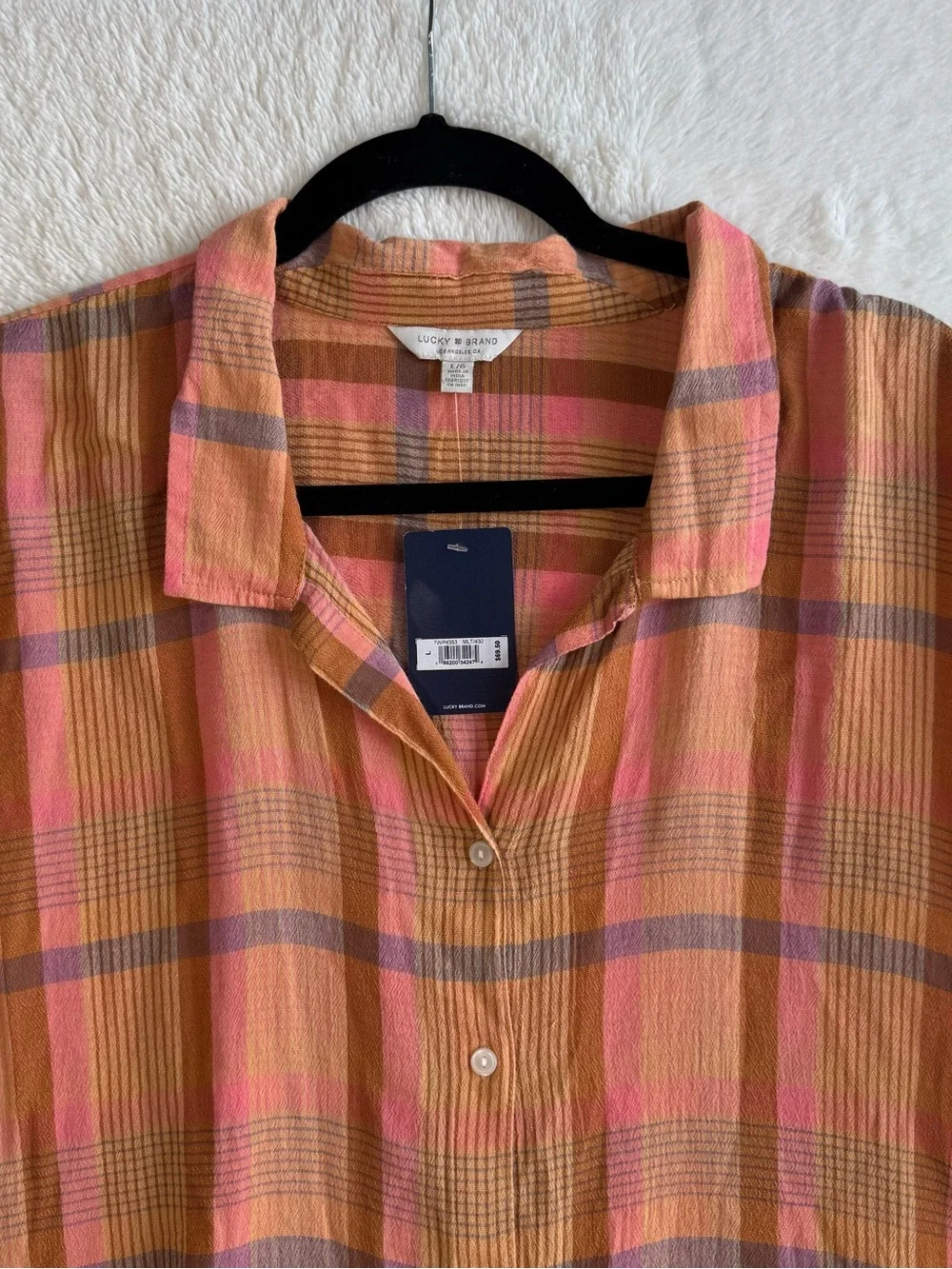 Lucky Brand Button Up Shirt Women’s Large Madras Plaid Western Cowgirl NEW